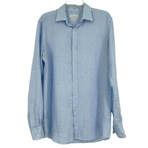 Massimo Dutti 100% Linen Button Up Shirt Blue Pintstripe Long Sleeve Size M